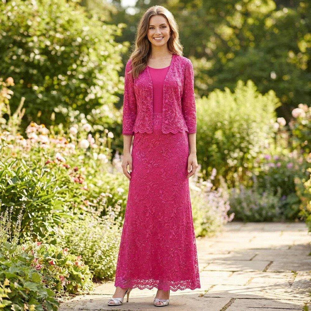 Fanny #1512 Floor Length Jersey & Lace MOB MOG Gown W/Jacket-Size XL-FUCHSIA-NEW